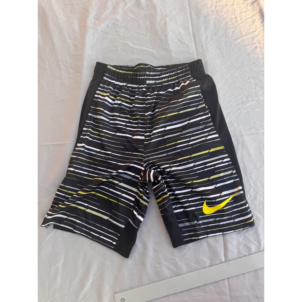 Nike Boys Dri-FIT Basketball Shorts Black Volt Yellow Striped Size Medium M